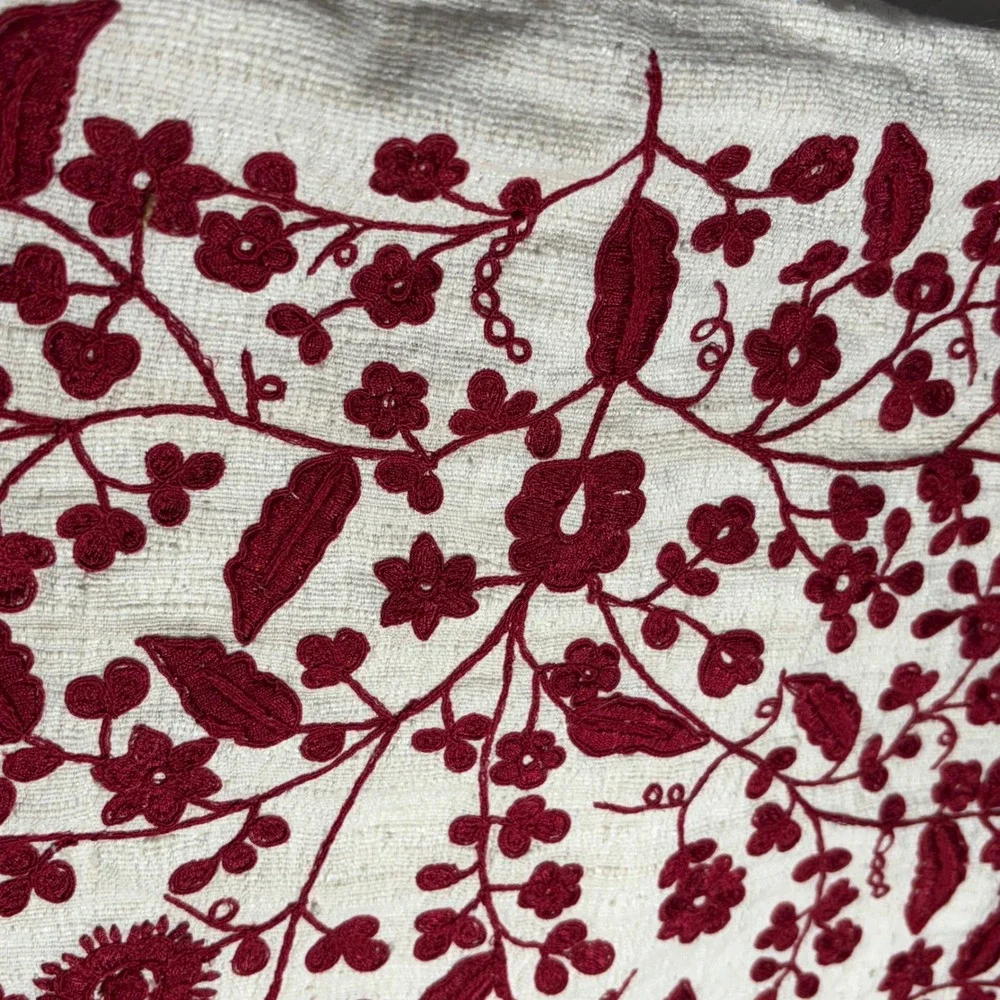 Pillow Cover Cream Red Pottery Barn Floral Embroidered Silk Cotton 18x18 Square